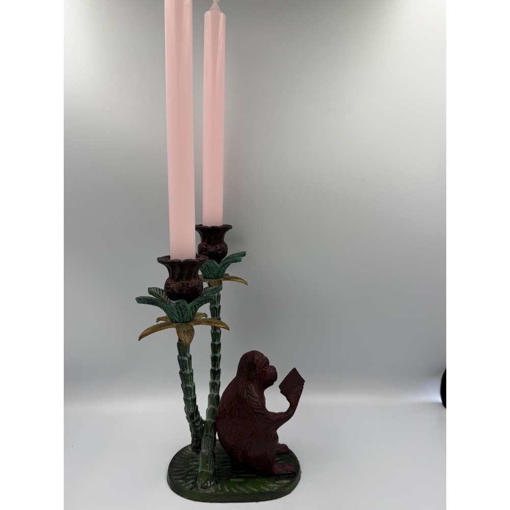 VTG Hollywood Regency Iron Monkey/Book Candlestick Holder, Tropical Chinoiserie